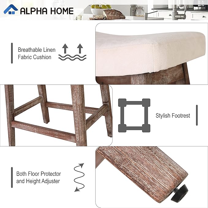 ALPHA HOME Bar Stool, Solid Wood Saddle Kitchen Stool with Beige Linen Fabric Cushion Counter Height Barstool with Vintage Farm Wooden Base for Kitchen Dining Cafe, 24 Inch, Beige, 1PC