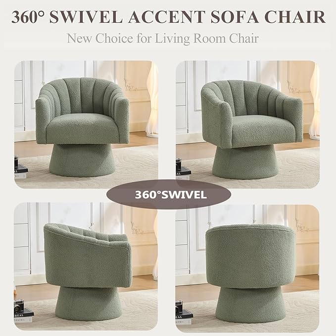 Swivel Accent Chair Set of 2, Upholstered Teddy 360° Swivel Barrel Chair for Living Room Overstuffed Bouncle Reading Chair Round Armchair for Bedroom,Vanity,Office-Green