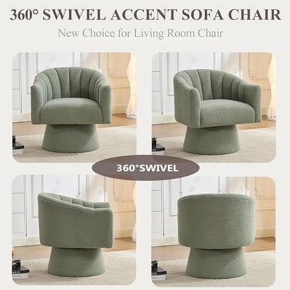 Swivel Accent Chair,Upholstered Teddy 360° Swivel Barrel Chair for Living Room Overstuffed Bouncle Reading Chair Round Armchair for Bedroom,Vanity,Office-Green