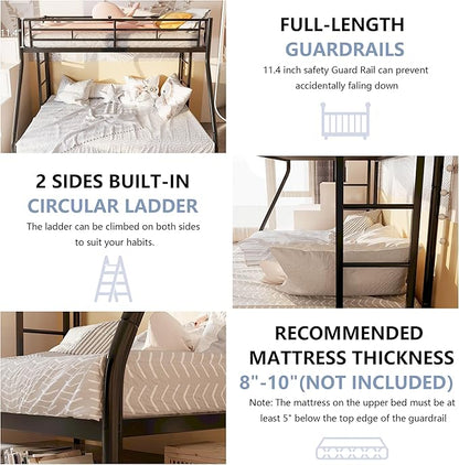 SUNLEI Metal Bunk Beds with Double Secured Ladders, Twin Over Full Bunk Bed with Surrounded Safety Guardrails, Space Saver Twin Beds, Noise Free for Small Bedroom, with Trundle, Black