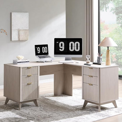 T4TREAM 60" Fluted Executive L Shaped Desk, Modern Home Office Desk with Charging Station and File Drawer, Computer Corner Desks with Drawers & Storage Cabinet for Office Home, Bedroom, Alder White
