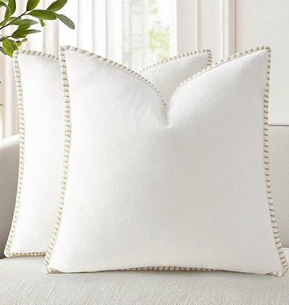 decorUhome Chenille Soft Throw Pillow Covers 22x22 Set of 2, Farmhouse Velvet Neutral Decorative Euro Pillow Covers with Stitched Edge for Couch Sofa Bed Home Decor, Cream White