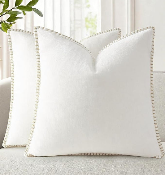 decorUhome Chenille Soft Throw Pillow Covers 22x22 Set of 2, Farmhouse Velvet Neutral Decorative Euro Pillow Covers with Stitched Edge for Couch Sofa Bed Home Decor, Cream White
