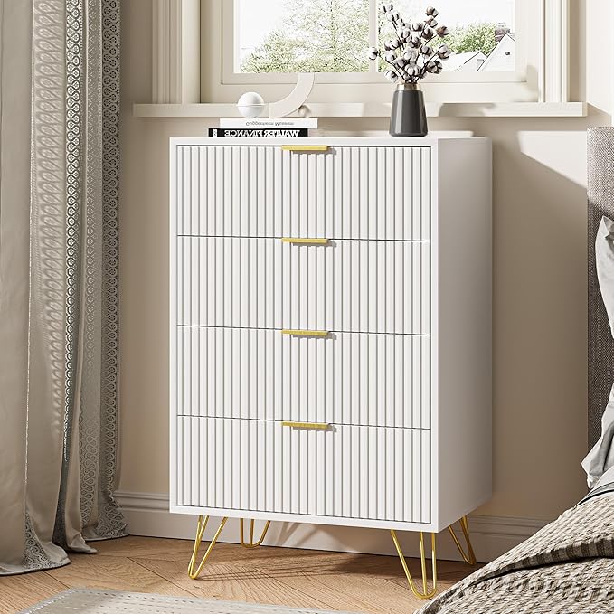 White Dresser for Bedroom, Modern Dresser with Gold Metal Handles & Chests of Drawers