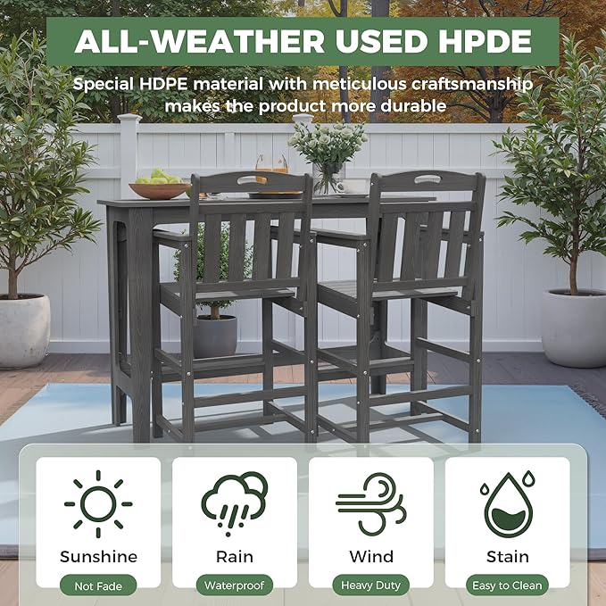 Outdoor Patio Bar Height Chair, All-Weather HDPE Tall Balcony Adirondack Stools for Bistro, Garden, Backyard, Deck | Grey