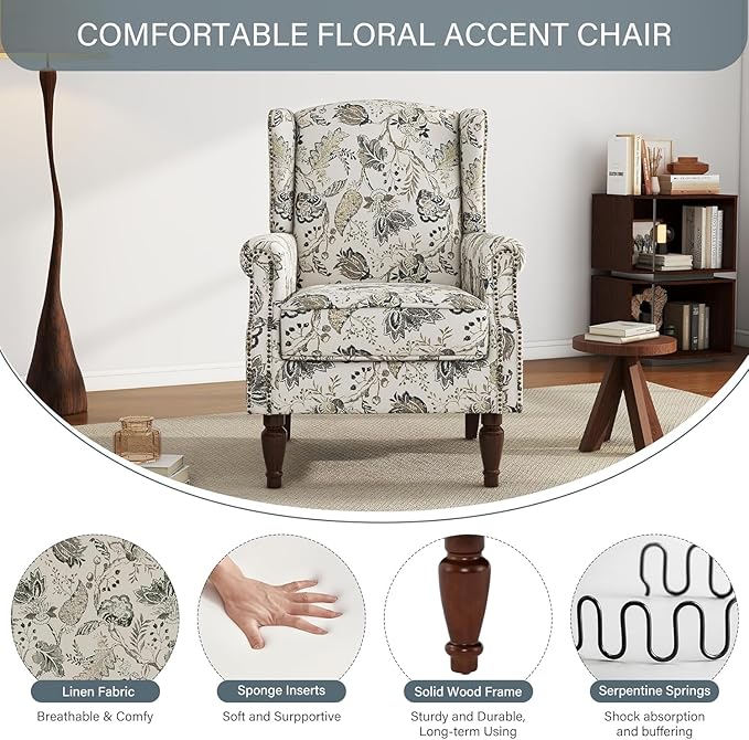UIXE High Back Floral Accent Chairs Set of 2, Fabric Upholstered Armchair for Living Room, Retro Printed Wingback Arm Chair Nailhead Trim Single Sofa Bedroom Reading Seat - Beige Plants