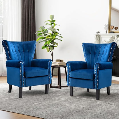 Velvet Accent Chair Single Modern Armchair with Riveted Decorative Mid-Century High Back Reading Chair Sturdy Sofa Chair for Living Room Bedroom Home Office (Blue)