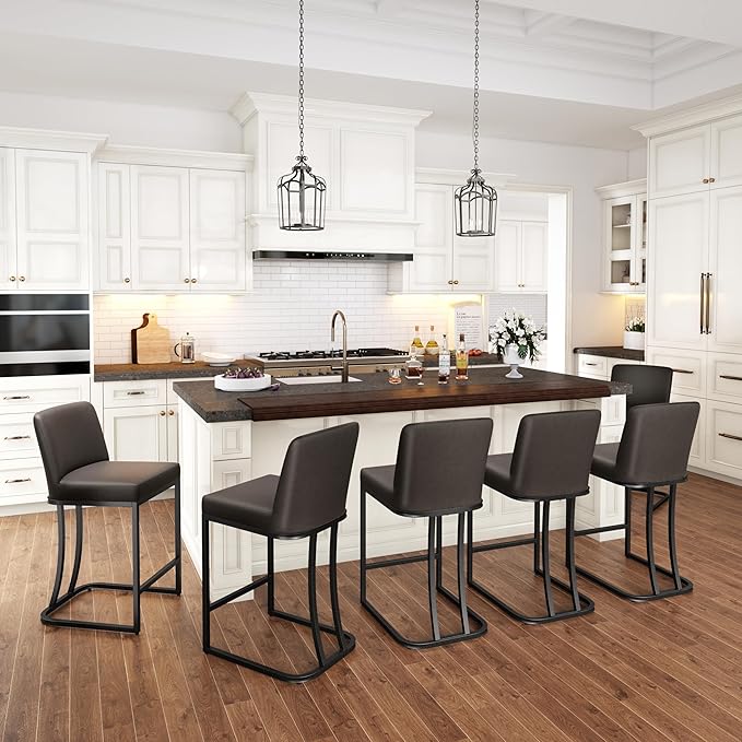 PHI VILLA Dark Grey Bar Stools Set of 6, Faux Leather Counter Height Chairs, Kitchen Stools for Island, 24 Inch Barstools with Back