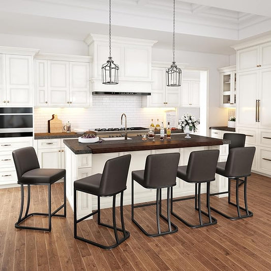 PHI VILLA Dark Grey Bar Stools Set of 6, Faux Leather Counter Height Chairs, Kitchen Stools for Island, 24 Inch Barstools with Back