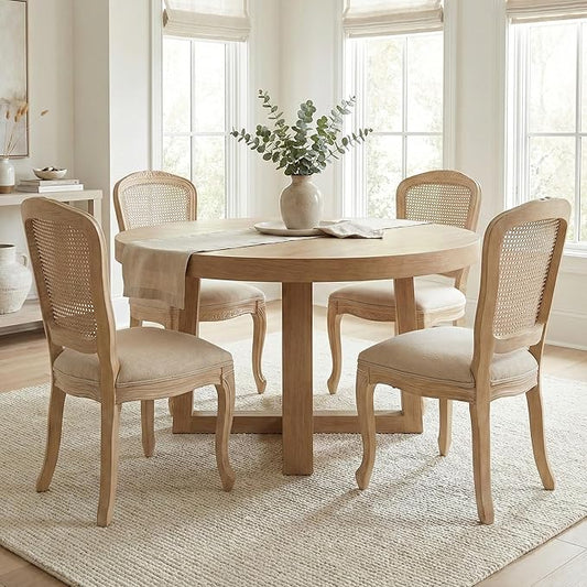 Wicker Dining Chairs Set of 4, Upholstered Linen Fabric Dining Room Chairs with Square High Rattan Back Farmhouse French Kitchen Chairs for Dining Table/Living Room/Restaurant, Cream