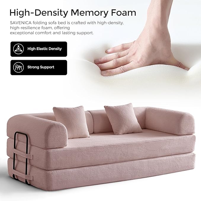79" Convertible Sofa Bed with Fixed-Shape Frame & Removable Armrests, Modular Corduroy Sleeper Sofa, Folding Mattress Couch for Small Spaces - No Assembly Needed in Pink (Includes 2 Pillows)