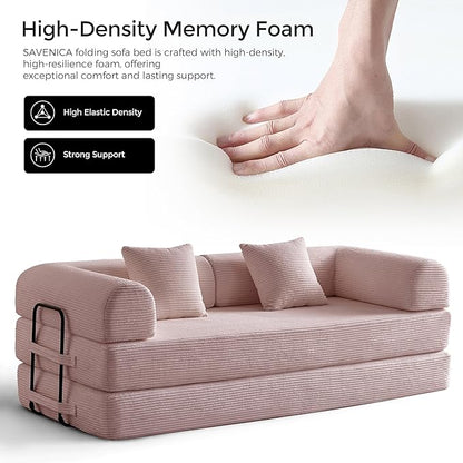 79" Convertible Sofa Bed with Fixed-Shape Frame & Removable Armrests, Modular Corduroy Sleeper Sofa, Folding Mattress Couch for Small Spaces - No Assembly Needed in Pink (Includes 2 Pillows)