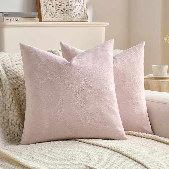 FUTEI Pink Velvet Throw Pillow Covers 24x24 Inch Set of 2,Soft Embossed Leaf-Relief Textured European Cushion Cases,Natural Home Decor for Couch Living Room
