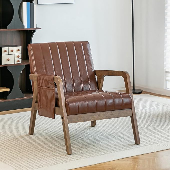EROMMY Mid Century Modern Leather Accent Chair with Wood Frame, Faux Leather Accent Armchair with Storage Bag,Faux Pu Living Room Accent Chair for Reading, Bedroom,Reddish Brown
