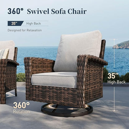 6 Piece Patio Furniture Set with Swivel Chairs, High Back Wicker Rattan Sofa with Extra Thick Cushion, Coffee Table and Ottoman, Outdoor Conversation Set for Backyard Deck, Grey