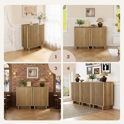 LukeAlon Fluted Sideboard Cabinet with Storage, Farmhouse Boho Accent Buffet Cabinet, 31.5" Height Wooden Small Credenza Cabinets for Living Room Dining Room Entryway Hallway, Natural Wood Color
