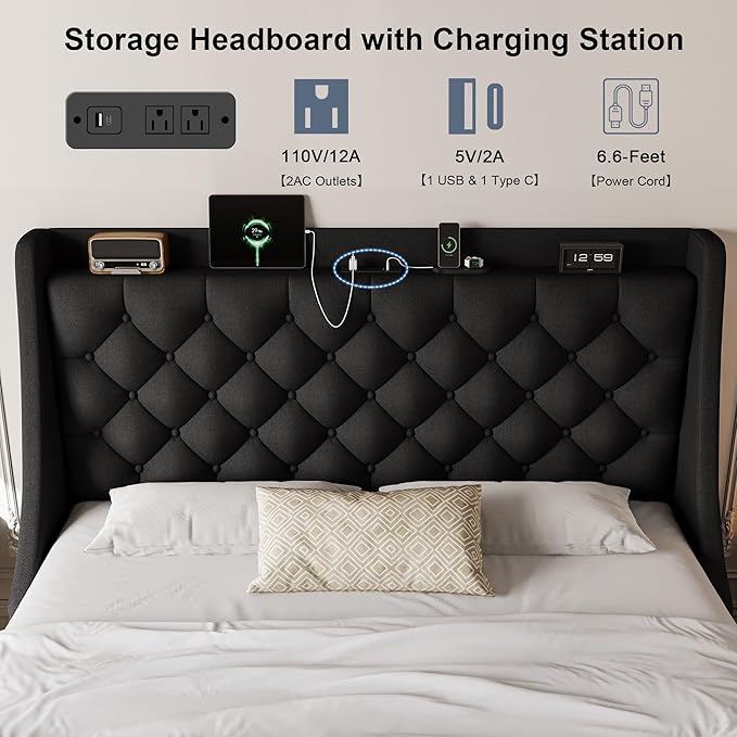 Full Size Upholstered Platform Bed Frame with 4 Storage Drawers and Charging Station, Linen Button Tufted Wingback Headboard, Sturdy Wooden Support Slats, No Box Spring Needed, Black
