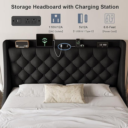 Full Size Upholstered Platform Bed Frame with 4 Storage Drawers and Charging Station, Linen Button Tufted Wingback Headboard, Sturdy Wooden Support Slats, No Box Spring Needed, Black