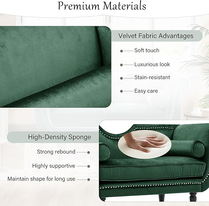 Christopher Knight Home Aurora Velvet Chaise Lounge Indoor with 2 Bolster Pillows, Upholstery Entryway Bench with Nailhead Trim & Curved Arms, End of Bed Bench Ottoman and Wooden Legs, Green