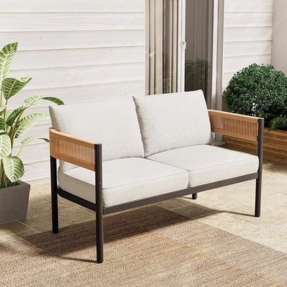 Gand Patio Outdoor Loveseat,Wicker Conversation Set with Thick Cushion for Porch, Garden, Yard, Natural