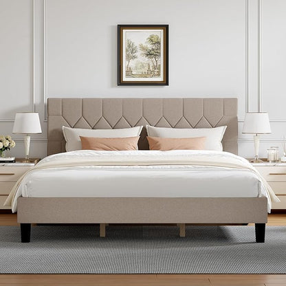 Novilla King Size Bed Frame, King Bed Frame and Headboard, Linen Upholstered Pull-Point Bed Frames, No Box Spring Needed, Heavy Duty Feet, Easy Assembly, Beige