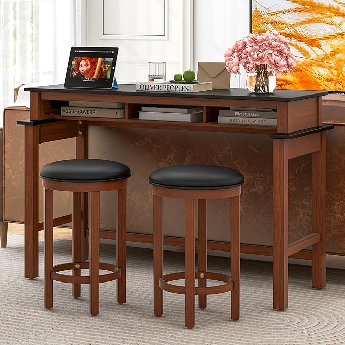 COSTWAY Upholstered Bar Stools Set of 2, 25” Counter Height Bar Chairs with Padded Cushion & Wooden Frame, Faux Leather Backless Stools for Kitchen, Dining Room, Pub, Black + Walnut