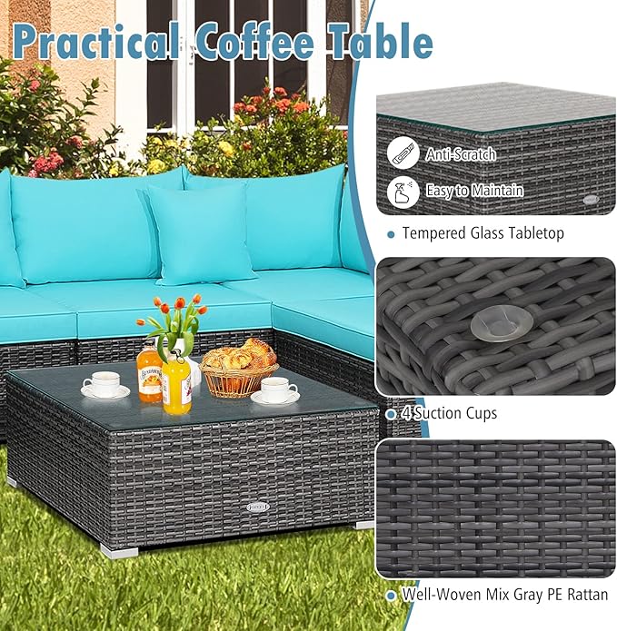 Tangkula 7 Pieces Patio Furniture Set, Patiojoy All-Weather Outdoor Rattan Sectional Sofa Set with Cushions and Tempered Glass Coffee Table, for Garden, Lawn, Backyard (Turquoise)