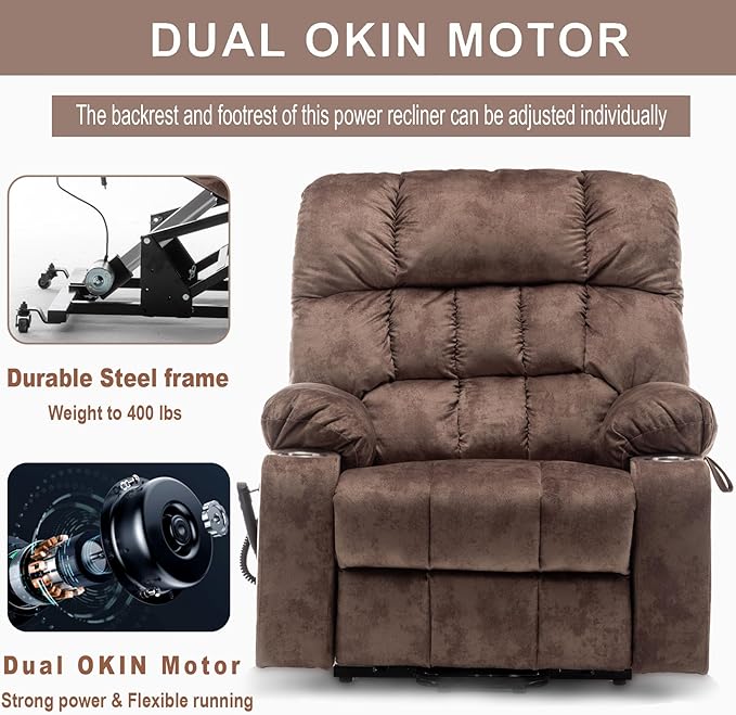 Large Power Lift Recliner Chair with Massage and Heat for Elderly,Overstuffed Wide Recliners,Breathable Leather with 2 Cup Holders,Dual OKIN Motor,Recline up to 180 Degrees