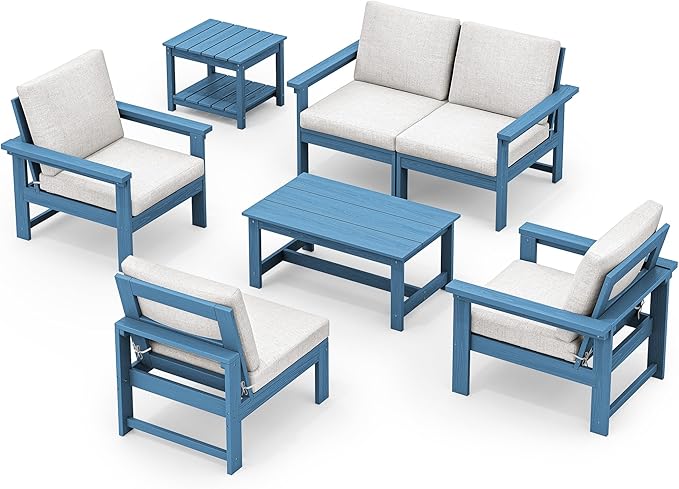 SERWALL HDPE Patio Furniture Set, 7-Piece Outdoor Sectional Sofa Set, All Weather Outdoor Couch Set for Deck, Lawn, Blue Frame with Khaki Cushion