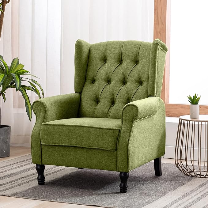 Artechworks Winged Fabric Modern Accent Chair Tufted Arm Club Chair Linen Single Sofa with Wooden Legs Comfy Upholstered for Reading Living Room Bedroom Office, Green