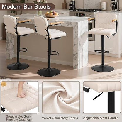 VECELO Bar Stools Set of 2, Adjustable Upholstered Swivel Barstools, Modern Counter Height Bar Stools with Back and Footrest, Island Chairs for Kitchen, Dining Room, Bar