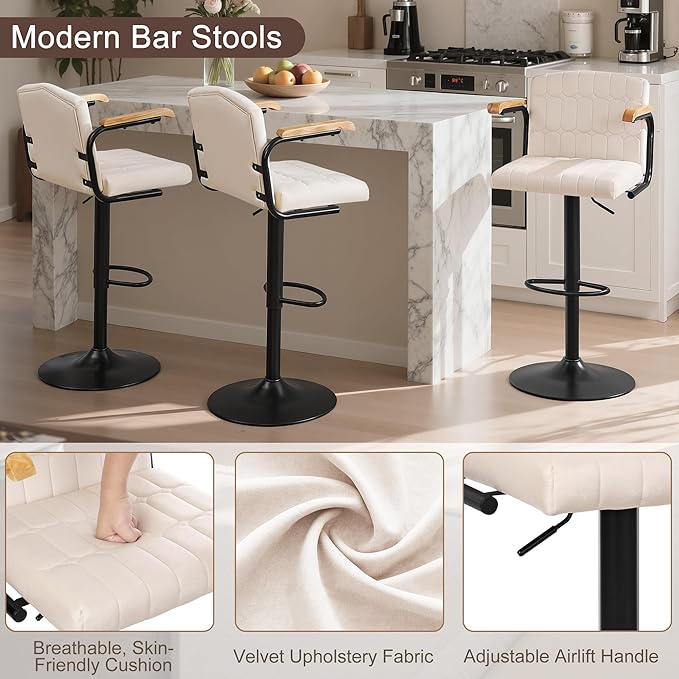 VECELO Bar Stools Set of 4, Adjustable Upholstered Swivel Barstools, Modern Counter Height Bar Stools with Back and Footrest, Island Chairs for Kitchen, Dining Room, Bar