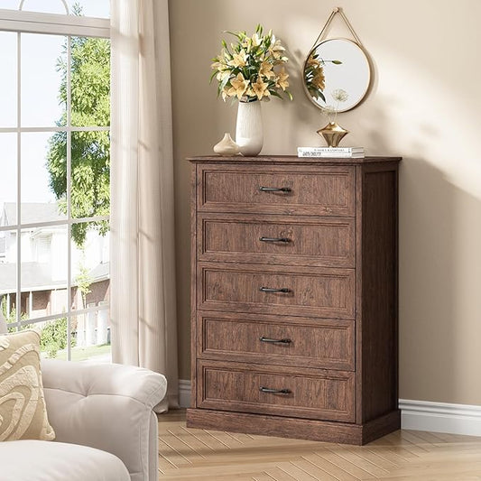 CARPETNAL Farmhouse 5 Drawers Dresser for Bedroom, 44" Tall Brown Dresser Wood Rustic Chest of Drawers with Wide Metal Handle,Natural Texture,Drawer Organizer for Bedroom,Living Room,Hallway