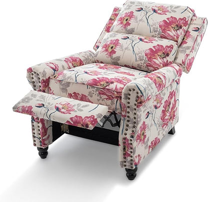 Pushback Recliner Chairs Set of 2, Upholstered Armchair Wingback Recliner Chair, Floral Fabric Push Back Recliner with Wood Legs, Rivet Trim Single Sofa Accent Chair for Living Room, Pattern White