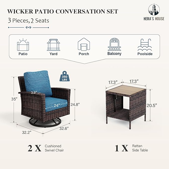 HERA'S HOUSE Oversized Patio Wicker Chairs, High Back Outdoor Swivel Chairs Set of 2 with Rattan Side Table, 5.5" Thick Cushions, 3-Piece Patio Furniture Sets for Deck Porch Pool, Brown/Blue