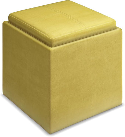 SIMPLIHOME Rockwood 18 inch Wide Contemporary Square Cube Storage Ottoman with Tray in Dijon Yellow Velvet Fabric, Assembled, For the Living Room, Entryway and Family Room