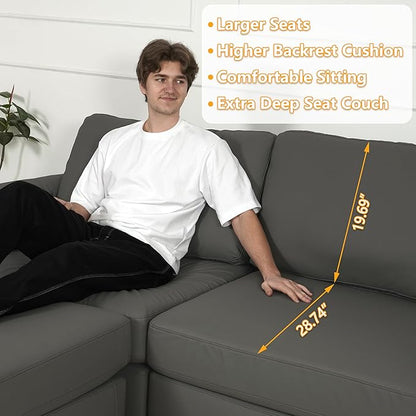 EASE MOOSE Large Faux Leather Sectional with Ottoman, Oversized Modular Couch, Modular Sectional Sofa with Deep Seat, Scratch Resistant Faux Leather Material, U Shaped Couch for Big Spaces, Grey