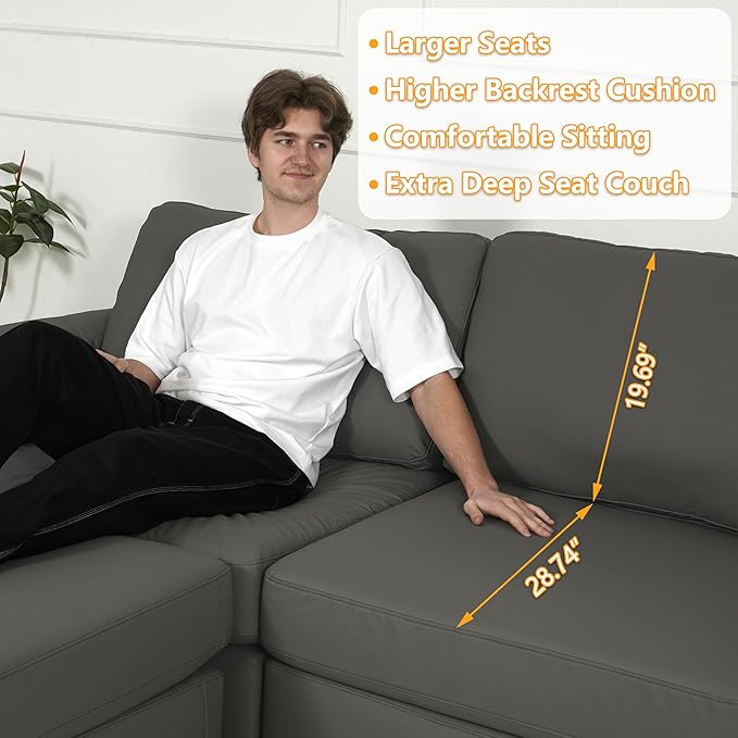 EASE MOOSE Leather Sectional Couch, Oversized Modular Sectional Sofas, Wide Deep Seat Modular Couch, Scratch Resistant Faux Leather Material, U Shaped Sofa for Big Spaces,Grey