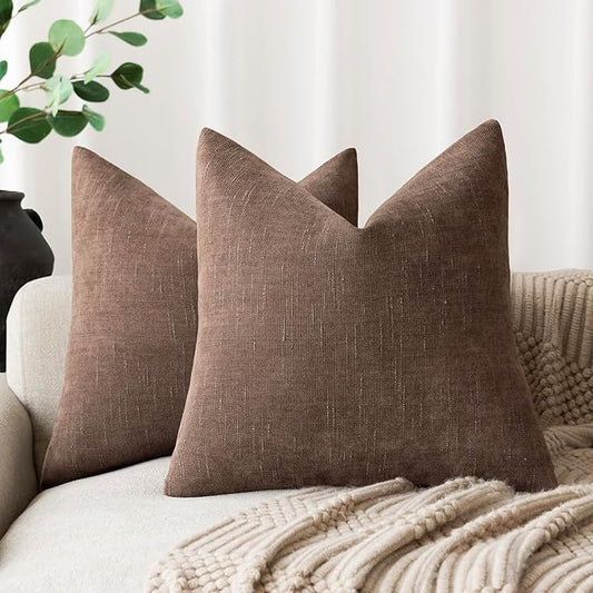 Foindtower Pack of 2 Soft Textured Chenille Throw Decorative Pillow Covers Square Accent Solid Cushion Cover Cozy Neutral Farmhouse Pillow Case for Couch Sofa Bedroom Living Room 18x18 Inch, Chocolate