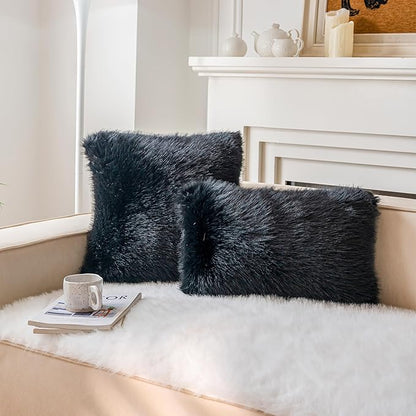 Neelvin Black Faux Fur Cozy Fluffy Double-Sided Decorative Throw Pillow Covers 22x22 inch Set of 2,Velvet Pillowcase Cushion Case for Sofa Couch