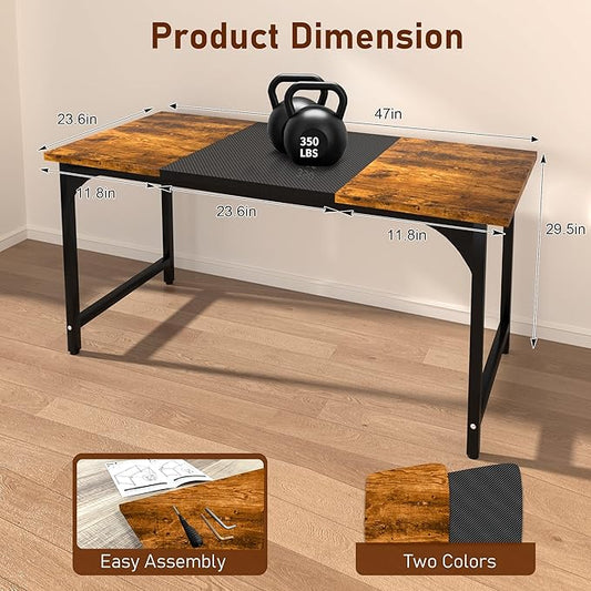 StarGraph Gaming Desk 47 Inch Modern Computer Desk Large Home Office Desks with Carbon Fiber Desktop Study Writing Work Game Desks with Sturdy Metal Frame, Rustic Brown