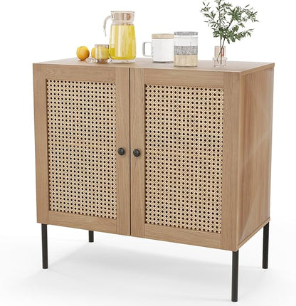 COSTWAY Buffet Cabinet with Storage, Storage Sideboard with Rattan Decorated Doors, Adjustable Shelf, Metal Legs, Accent Cabinet, Buffet Table Credenza for Hallway, Entryway, Living Room (1, Oak)