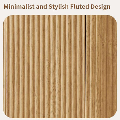 LKTART 64" Sideboard Buffet Cabinet with Storage, Wooden Fluted Storage Cabinet Sideboard Credenza with Adjustable Shelves Pressed Spring for Kitchen Living Room (Natural Oak)