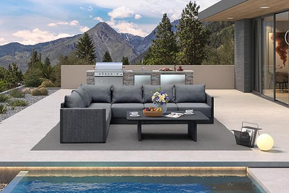 PURPLE LEAF Patio Furniture Set 7 Pieces Outdoor Conversation Sets PP Rope Patio Sofa with Cushions and Table Manual Weaving Deep Seating Furniture for Porch Lawn Backyard Gray
