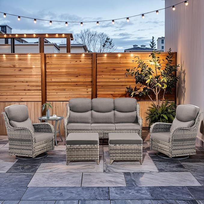 HUMMUH 6-Piece Outdoor Wicker Patio Furniture Set with Swivel Glider Chairs, 3-Seat Sofa & Ottomans 5” Olefin Cushions Ergonomic Neck-Lumbar Backrest All-Weather Rattan for Garden, Deck, Porch
