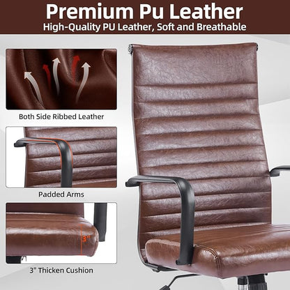 Office Chair, Ergonomic Executive Conference Room Chairs, Ribbed Leather Desk Chair with Lumbar Support, Adjustable Height Mid-Back Swivel Chair with Padded Seat