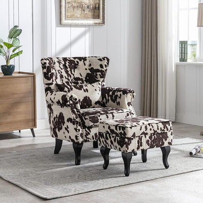 Accent Reading Arm Chairs with Ottoman for Living Room Bedroom, Midcentury Modern Comfy Corner Sofa Chair, Wingback Waiting Room Club Chair with Button Tufted Back &Lumbar Pillow, Fabric Cow