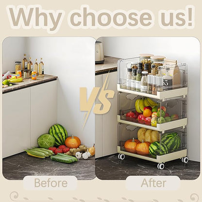 VECELO 3-Tier Fruit and Vegetable Basket, Stackable Kitchen Storage Organization with Wheels, Plastic Rolling Cart with Handles, Wide Open for Kitchen, Pantry, Living Room