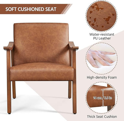 Yaheetech PU Leather Accent Chair, Mid-Century Modern Armchair with Solid Wood Legs, Reading Leisure Chair for Living Room Bedroom Waiting Room, Light Brown, Set of 2