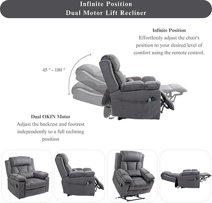 Big Man Power Lift Recliner for Elderly Adults 28 Inch Wide Seat, Lay Flat Lift Chair with Heat Massage, Flip Arm Storage Cup Holders, USB Type C Charging (Grey Chenille)